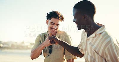 Buy stock photo Happy, men and friends with fist bump in nature together for greeting on vacation in summer with bonding. Smile, outdoor and people with hangout for holiday, break or weekend trip at travel location.
