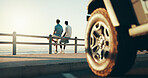 Adventure, road trip and travel with friends at beach together for bonding, holiday or vacation. Relax, thinking and transport with people outdoor on coast for getaway, view or weekend from back