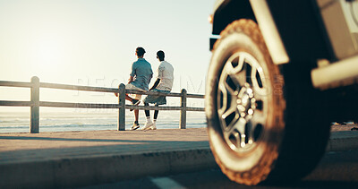 Buy stock photo Adventure, road trip and travel with friends at beach together for bonding, holiday or vacation. Relax, thinking and transport with people outdoor on coast for getaway, view or weekend from back