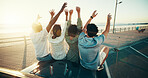 Freedom, road trip and travel with friends at beach together for bonding, holiday or vacation. Adventure, celebration and transport with group of people outdoor on coast for weekend view from back