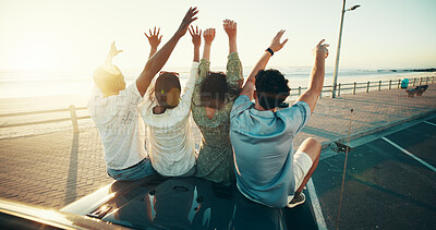 Buy stock photo Freedom, road trip and travel with friends at beach together for bonding, holiday or vacation. Adventure, celebration and transport with group of people outdoor on coast for weekend view from back