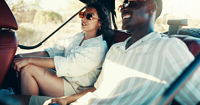 Buy stock photo Travel, road trip and drive with couple in nature for safari game reserve, adventure or summer vacation. Explore, savannah holiday and conservation with people in car for national park or eco tourism