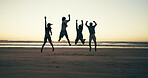 Jumping, beach and people with sunset, vacation and travel with energy, bonding together and nature. Journey, ocean and friends with weekend break, reunion and summer holiday with fun and happiness