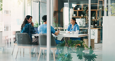 Buy stock photo Manager, teamwork or nurses in hospital with surgeon, conversation or health treatment results in meeting. Glass, doctors or people in discussion for medical advice, planning and diagnosis research