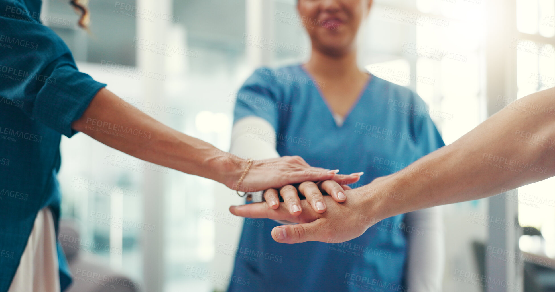 Buy stock photo Hands, together and stack with medical team in hospital, support or mission for healthcare collaboration. People, group and doctor synergy in health, partnership and professional motivation in clinic