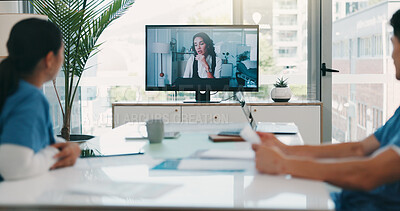 Buy stock photo Computer, screen and nurses in meeting for learning, video call and listening to administrator in clinic. Monitor, education or webinar for schedule of training session, intern or people in hospital