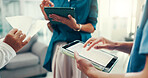 Surgeon, hands or nurses in hospital with tablet, teamwork or health treatment results in meeting. Planning, doctors or people in discussion for medical advice, clinic schedule or diagnosis research