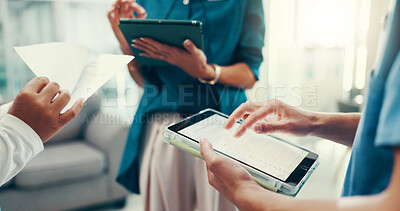Buy stock photo Surgeon, hands or nurses in hospital with tablet, teamwork or health treatment results in meeting. Planning, doctors or people in discussion for medical advice, clinic schedule or diagnosis research