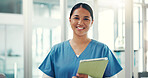 Woman, portrait and nurse with tablet in hospital for scheduling, Telehealth and online advice for healthcare service. Surgeon, medical professional and Asian female physician with digital tech