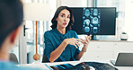 Brain, x ray and neurologist with doctors in meeting for skull injury, research or tumor diagnosis in hospital. Woman, neurology or healthcare medical people checking mri or xray scan and teamwork