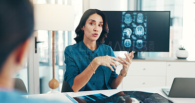 Buy stock photo Brain, x ray and neurologist with doctors in meeting for skull injury, research or tumor diagnosis in hospital. Woman, neurology or healthcare medical people in clinic with mri, CT scan or teamwork