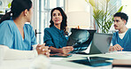 Brain, x ray and surgeon with doctors in meeting for skull injury, research or tumor diagnosis in hospital. People, neurology or healthcare medical neurologist checking mri or xray scan and teamwork