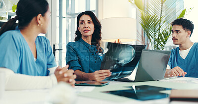 Buy stock photo Brain, x ray and surgeon with doctors in meeting for skull injury, research or tumor diagnosis in hospital. People, neurology or healthcare medical neurologist checking mri or xray scan and teamwork