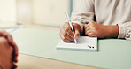 Hands, prescription pad and doctor writing with patient for consultation, healthcare script or medical advice. Notepad, medicine dosage or treatment plan with people in hospital office for sick note