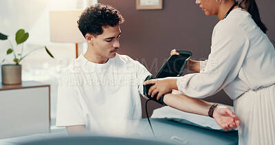 Buy stock photo Monitor, blood pressure and healthcare with doctor and patient for consulting, treatment plan and test. Advice, medical results and hypertension with people in hospital office for assessment