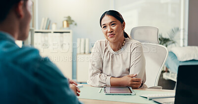 Buy stock photo Consulting. listening and healthcare with doctor and patient for diagnose, treatment plan and feedback. Advice, medical results and meeting with people in hospital office for evaluation and insurance