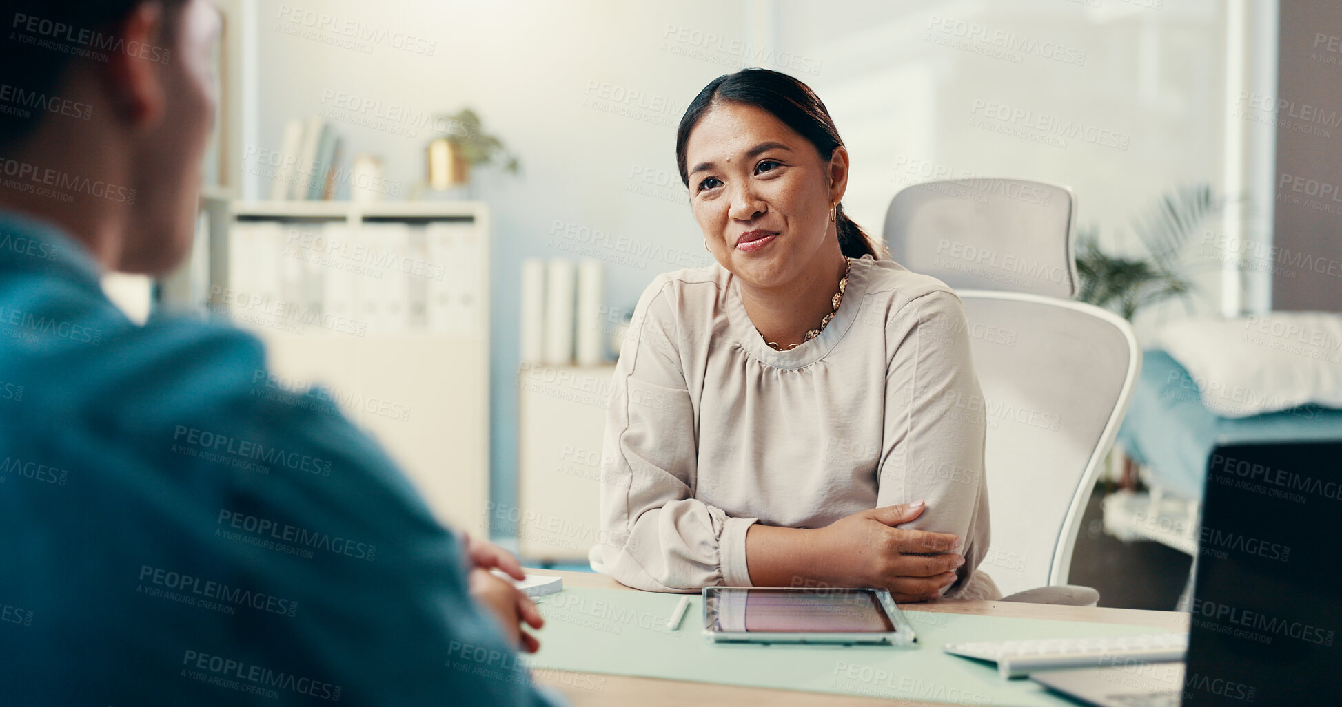 Buy stock photo Consulting. listening and healthcare with doctor and patient for diagnose, treatment plan and feedback. Advice, medical results and meeting with people in hospital office for evaluation and insurance