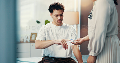 Buy stock photo Monitor, oxymeter and healthcare with doctor and patient for consulting, oxygen levels and test. Advice, medical results and lung function assessment with people in hospital office for evaluation