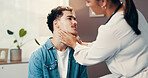 Consulting, neck and healthcare with doctor and patient for diagnosis, treatment plan and thyroid glands. Advice, medical results and lymph nodes with people in hospital office for endocrinologist