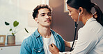 Stethoscope, listening and healthcare with doctor and patient for heart rate murmur, treatment plan and feedback. Advice, medical results and heartbeat with people in hospital for valve disease