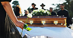 Hand, rose and woman at cemetery for funeral ceremony, grief and memorial service outdoor with family. Flower, death and person by coffin at graveyard for mourning, peace and respect with back view