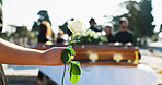 Hand, rose and person at cemetery for funeral ceremony, grief and memorial service outdoor with family. Flower, death and coffin at graveyard for mourning loss, peace and respect for burial closeup