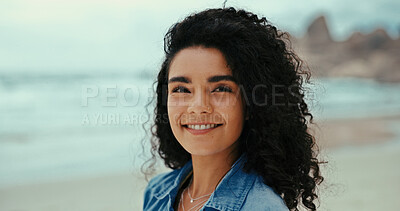 Buy stock photo Travel, smile and woman at ocean for holiday, vacation and thinking outdoor for adventure. Beach, relax and happy person in portrait at sea for summer trip, reflection and tourist on island in Spain