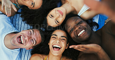 Buy stock photo Above, selfie and friends with portrait, smile and travel for summer holiday and reunion trip. Vacation, people and women with laugh, outdoor and collaboration with fun, weekend break with bonding