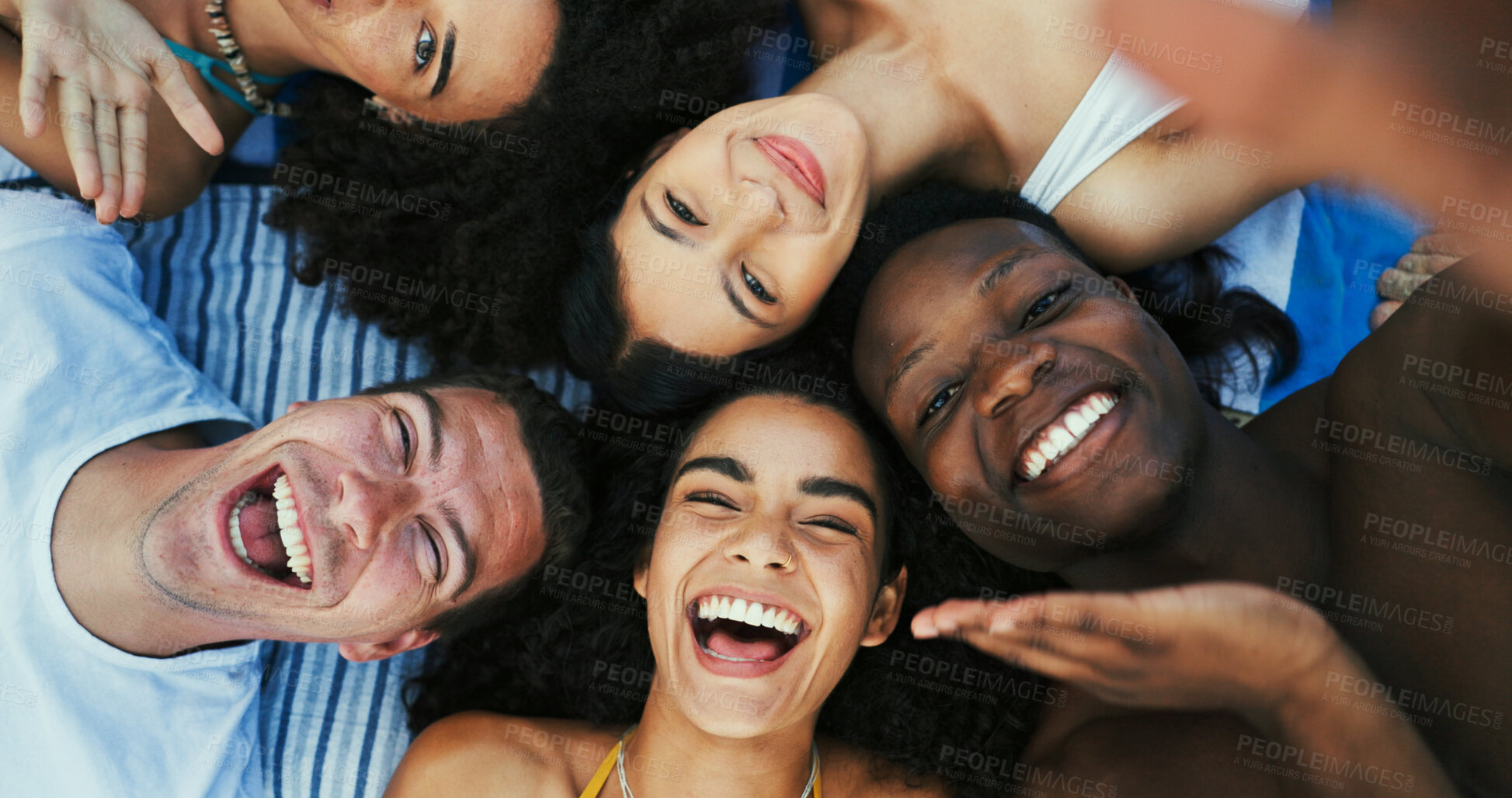 Buy stock photo Above, selfie and friends with portrait, smile and travel for summer holiday and reunion trip. Vacation, people and women with laugh, outdoor and collaboration with fun, weekend break with bonding