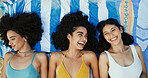 Happy friends, girls and relax on blanket at beach for vacation, holiday and travel with top view. Women, smile and outdoor together at coast above for funny conversation, laugh or bonding in summer
