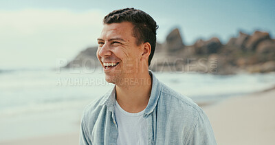 Buy stock photo Thinking, laughing and man at sea for holiday, vacation and outdoor travel for adventure. Beach, funny joke and happy person in nature at ocean for trip, summer and tourism ideas on island in Spain