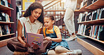Child, library or teacher reading book for support, development or storytelling in school. Learning, tutor or woman teaching with girl, smile or kid for literature lesson, fairy tale or education