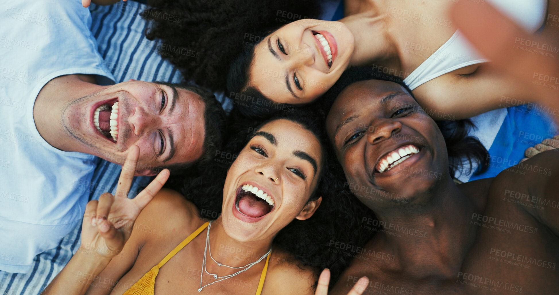 Buy stock photo Portrait, selfie and group with peace sign, happy and memory for friends on vacation, above and together.  Photography, bonding and people with smile on holiday, gesture and profile picture for post