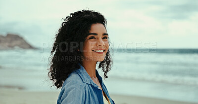 Buy stock photo Thinking, smile and woman at ocean for holiday, vacation and outdoor travel for adventure. Beach, face and happy female person in nature at sea for trip, summer and tourism space on island in Spain