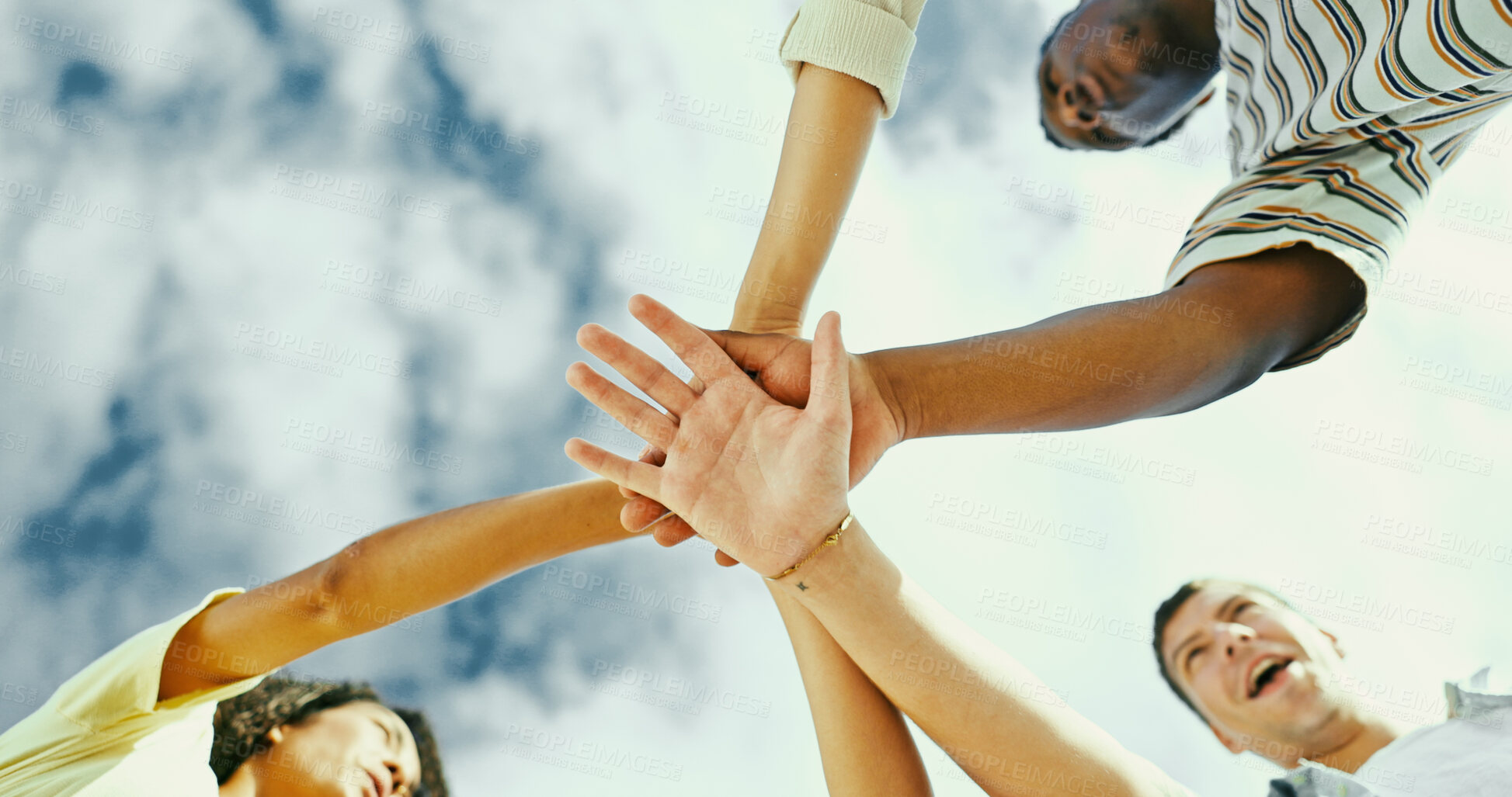 Buy stock photo Below, hands together and friends with huddle, vacation and travel with summer holiday. Low angle, people and men with women, outdoor and support with fun, weekend break or reunion with bonding