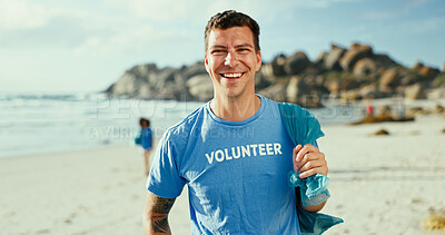Buy stock photo Man, portrait and bag for cleaning by ocean with smile, outdoor or pride on earth day for plastic. Person, volunteer and happy by sea for social responsibility with garbage, dirt and waste management