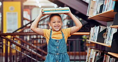 Buy stock photo Happy, head and child with books in library excited for reading story, literature and learning. School, bookshelf and girl with stack of novels for knowledge, education and language development