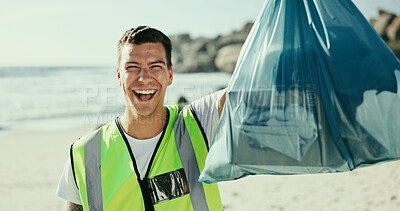 Buy stock photo Happy man, portrait or volunteer with bag on beach for recycling, eco friendly environment or earth day. Male person, activist or community service with smile or dirt for save planet or world charity