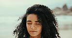 Woman, meditate or peace to relax with fresh air at beach for break, tranquility or natural oxygen. Calm, health or female person on holiday at ocean coast for vacation travel and outdoor freedom