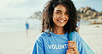 Girl, portrait and bag for cleaning by ocean with smile, outdoor or pride on earth day for plastic. Woman, volunteer and happy by sea for social responsibility with garbage, dirt and waste management