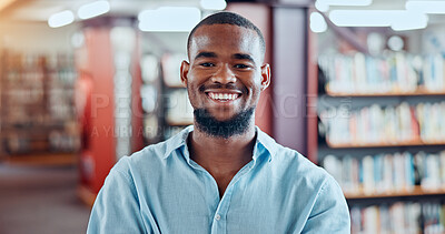 Buy stock photo Portrait, teacher and happy black man in library for knowledge, education and learning in college. Smile, bookstore and educator in university for academic career, development and confidence in Kenya
