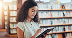 Education, college and woman with tablet in library for knowledge, reading and studying. Technology, bookstore and happy student research in university with pen for assignment or learning online