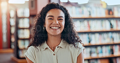 Buy stock photo Portrait, student and happy woman in library for education, knowledge and learning in college. Smile, bookstore and female person in university with confidence for academic scholarship in Mexico