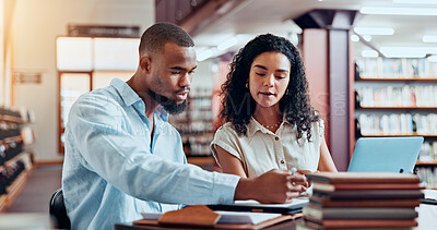 Buy stock photo University, reading and students in library on laptop for online research, information and studying for project. College, academy and man and woman with books for education, knowledge and learning