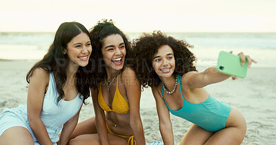 Buy stock photo Selfie, happy and friends on beach for holiday, summer vacation and weekend together in nature. Relax, smile and people with photograph for social media, online post and profile picture by sea