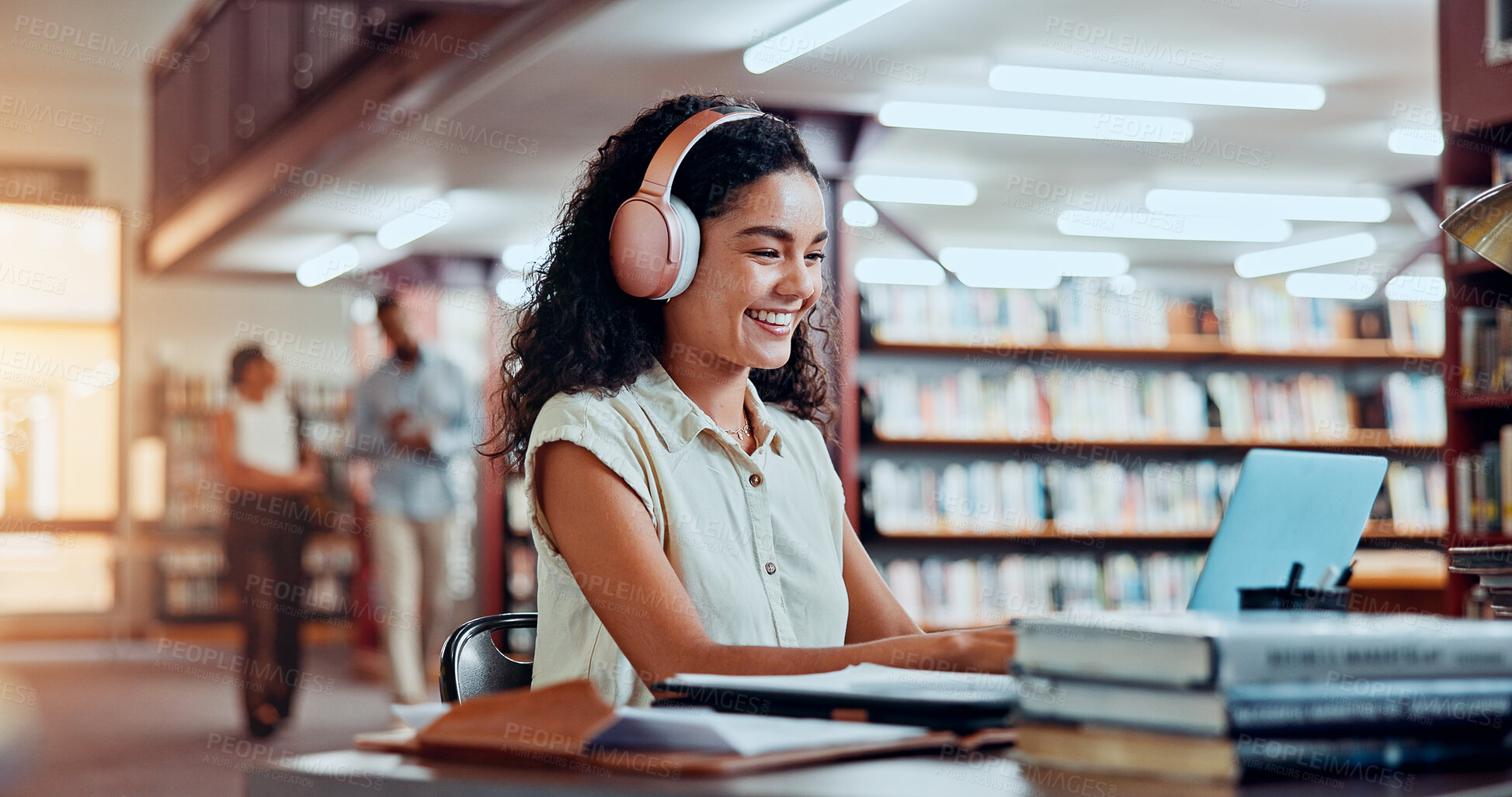 Buy stock photo Woman, headphones and laptop in library for university, student and studying for education or project. Happy person, notes and academy campus with online video, research and assignment for knowledge