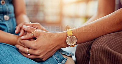 Buy stock photo Holding hands, woman and girl with care, comfort and compassion with trauma counselling. Closeup, child development and trust with counsellor, kid and emotion with reaction, anxiety and support