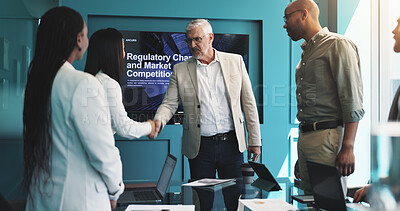 Buy stock photo Investor, shaking hands and people in presentation for business, discussion and market competition. Screen, happy colleagues and handshake for regulatory changes, partnership and gesture for success
