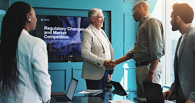 Buy stock photo Investor, handshake and people in presentation for business, discussion and market competition. Screen, happy colleagues and shaking hands for regulatory changes, partnership and gesture for success