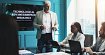 Businessman, meeting and presentation with screen for insurance or machine learning at conference. Man, executive or discussion with team or technology display for business growth or AI project